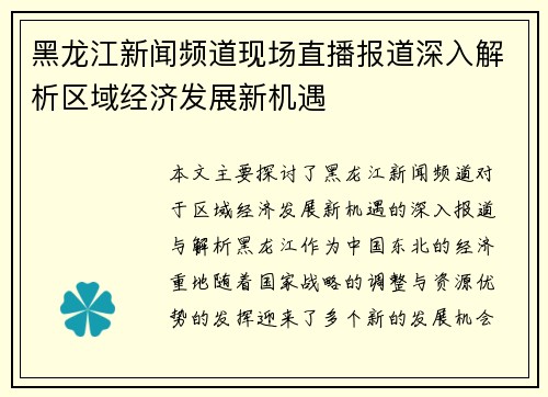 黑龙江新闻频道现场直播报道深入解析区域经济发展新机遇