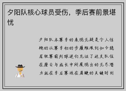 夕阳队核心球员受伤，季后赛前景堪忧
